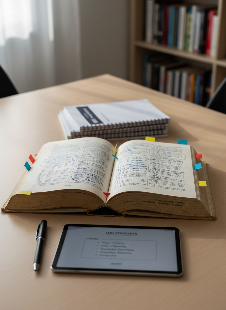 A large, well-worn philosophy textbook in English and Spanish lies open on a smooth light-wood desk, its thin cream pages covered in neat bilingual annotations and color-coded sticky flags. Around it are neatly stacked notebooks, a fine-point pen, and a slim digital tablet showing an outline of TOK concepts, all arranged in a tidy semicircle. Soft daylight from an unseen window washes in from the left, creating gentle, academic calm and subtle shadows along the page edges. Shot at eye level with a shallow depth of field that keeps the open book crisp while the background shelves of blurred philosophy titles fade softly. The photographic realism and clean, modern composition evoke a focused, professional study atmosphere for IB learners.